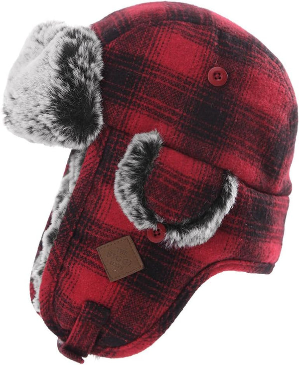 Stylish Plaid Winter Wool Trapper Faux Fur Earflap Hunting Hat Ushanka Russian Cold Weather Thick Lined 55-61CM