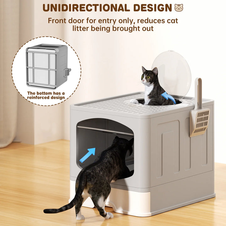 Extra Large Foldable Cat Litter Box with Cat Litter Scoop, Front Entry Top Exit Cat Litter Pan with Lid, Enclosed Anti-Splashing Cat Kitty Litter Box, Drawer Type Cat Litter Easy Cleaning and Scoop