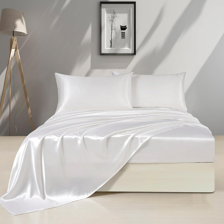 4 Pcs 100% Mulberry Silk Bed Sheet Set,All Side 19 Momme Silk (Queen, White)