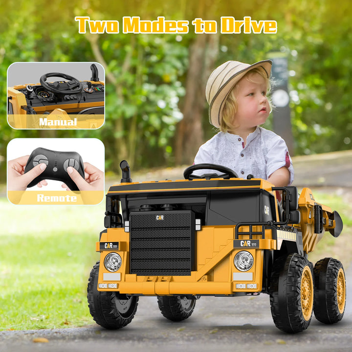 12V Powered Ride on Dump Truck W/ Electric Dump Bed, 19-Inch Wide Seat Ride on Car for Kids-Ochre Yellow