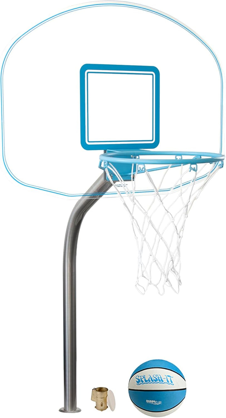 Dunn-Rite Clear Hoop Jr. Deck-Mounted Poolside Basketball Hoop W/Ball, 2 & 3/8" Brass Anchor W/Cap, & 14 Inch Stainless Steel Rim