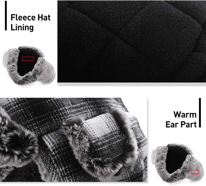 Stylish Plaid Winter Wool Trapper Faux Fur Earflap Hunting Hat Ushanka Russian Cold Weather Thick Lined 55-61CM