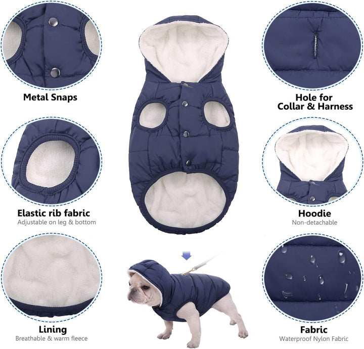 Dog Fleece Hoodie, Windproof Waterproof Dog Coat Fleece & Cotton Lined Warm Dog Jacket, Cold Weather Pet Apparel Clothes Vest for Small Medium Large Dog (M: Length 12.6", Chest 15"-17.3", Blue)