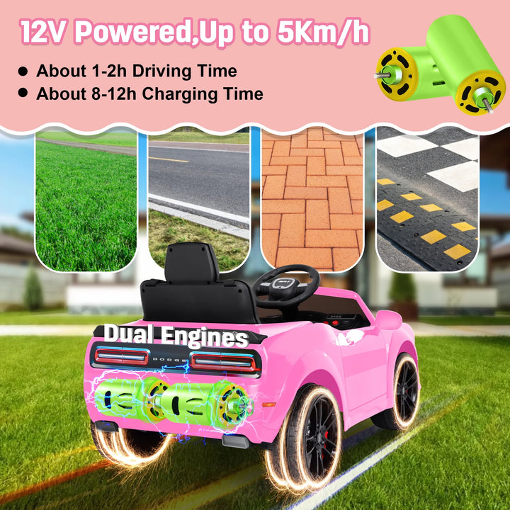 Dodge Challenger SRT Kids Ride on Car, 12 V Battery Powered Electric Vehicle W/ Remote Control,Bluetooth,Led Lights(Pink)