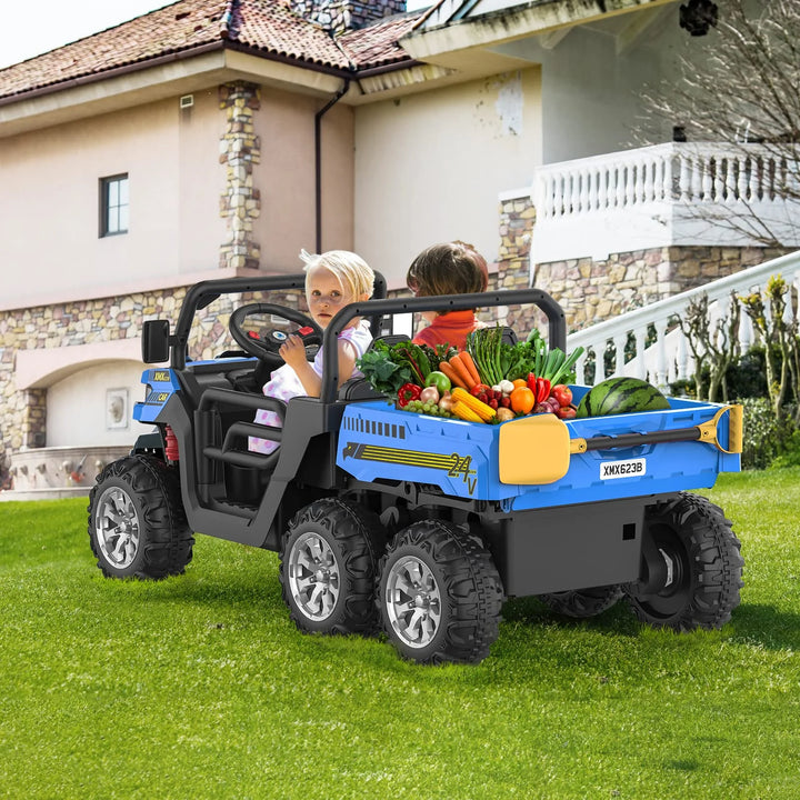 24 Volt 4WD Kids Ride on Dump Truck with Remote Control, 2 Seater Electric Powered 6-Wheel UTV Toys, Ride on Tractor Car W/ Tipping Bucket Trailer, Shovel, Suspension, Bluetooth Music, Blue