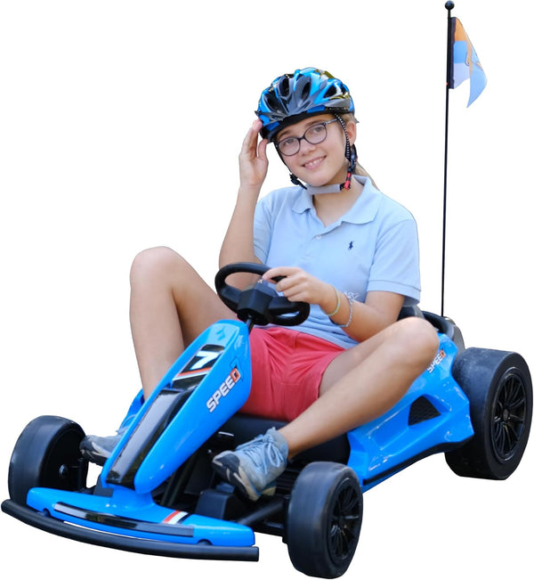 24V 10Ah Electric Go Kart with Drifting Function for Big Kids Age 6+, 2WD Ride on Car with Gas and Brake Pedal, Max Speed 7.5Mph, 135 Lbs Load Capacity - Blue