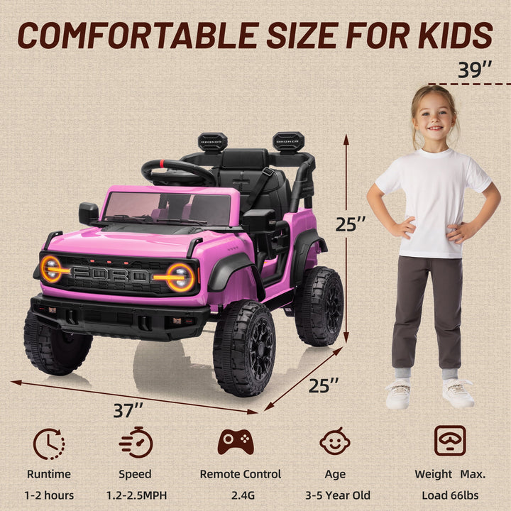 Ford Bronco Raptor 12V Powered Ride on Truck Toys, Kids Electric Car with Remote with Remote Control, Bluetooth, LED Light, Spring Suspension, 3 Speeds, 4 Wheelers, Pink