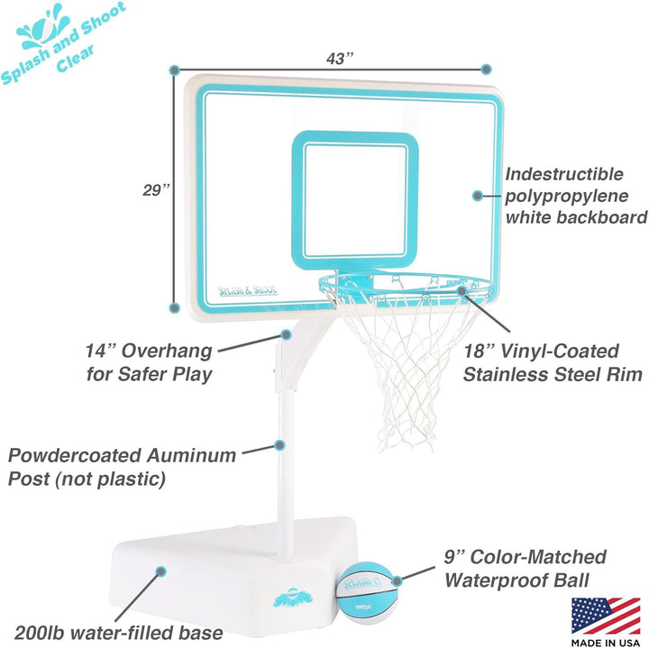 Dunn-Rite Splash & Shoot Outdoor Adjustable Height Swimming Pool Basketball Hoop W/Ball, Base, & 18 Inch Stainless Steel Rim, Made in USA, Clear