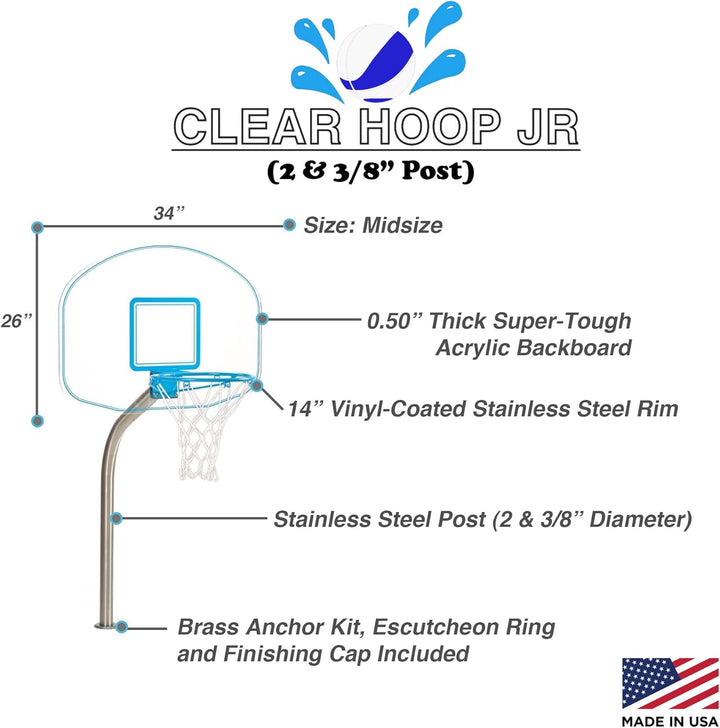 Dunn-Rite Clear Hoop Jr. Deck-Mounted Poolside Basketball Hoop W/Ball, 2 & 3/8" Brass Anchor W/Cap, & 14 Inch Stainless Steel Rim