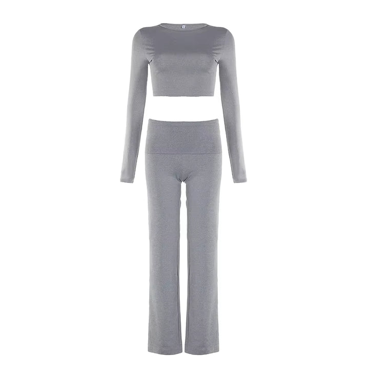 Yoga Casual Minimalist Solid Two Piece Set Skinny Sporty Women'S Long Sleeve Crop Tops +Turndown Waist Pants Trend 2PCS