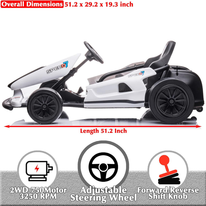 24V 10Ah Electric Go Kart with Drifting Function for Big Kids Age 6+, 2WD Ride on Car with Gas and Brake Pedal, Max Speed 7.5Mph, 135 Lbs Load Capacity - White