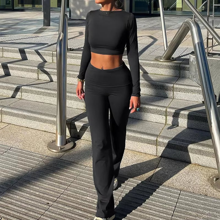 Yoga Casual Minimalist Solid Two Piece Set Skinny Sporty Women'S Long Sleeve Crop Tops +Turndown Waist Pants Trend 2PCS