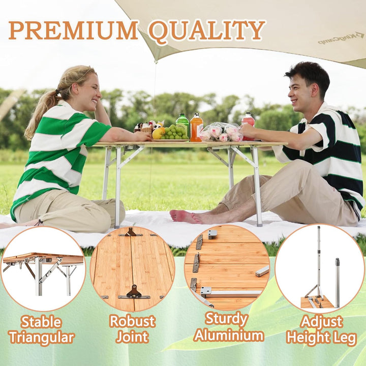 Bamboo Camping Table Folding Table with Adjustable Height Aluminum Legs Heavy Duty 176Lbs 4-Fold Portable Foldable Camp Tables for Travel, Picnic, 4-5 People