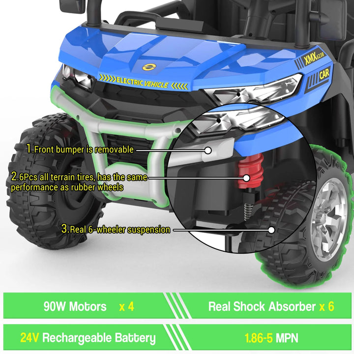 24 Volt 4WD Kids Ride on Dump Truck with Remote Control, 2 Seater Electric Powered 6-Wheel UTV Toys, Ride on Tractor Car W/ Tipping Bucket Trailer, Shovel, Suspension, Bluetooth Music, Blue