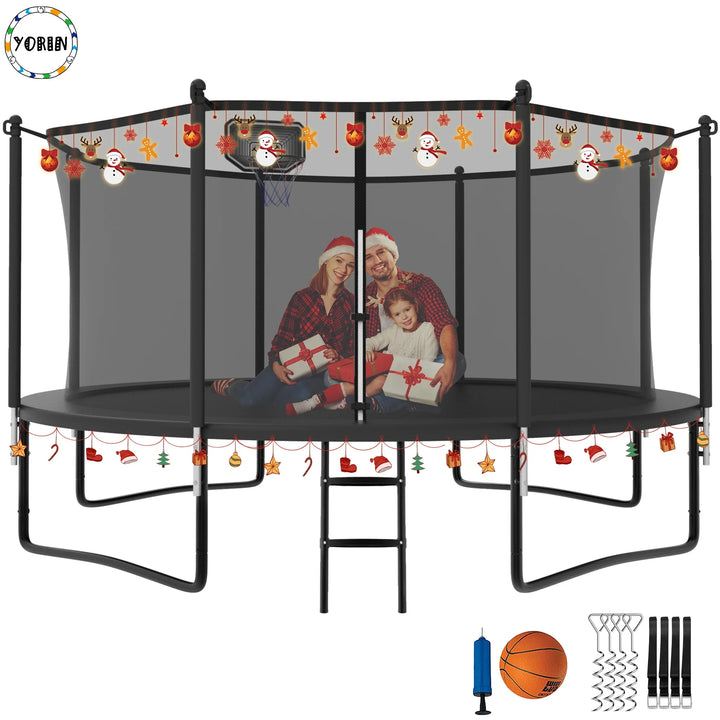 Trampoline 12FT for Kids Adults with Enclosure Net, 1200LBS round Outdoor Trampoline with Basketball Hoop, Ladder, Galvanized Anti-Rust Coating Backyard Recreational Trampoline Christmas Gift