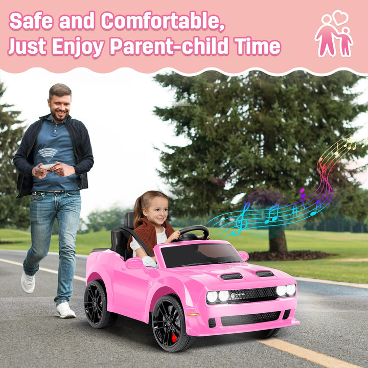 Dodge Challenger SRT Kids Ride on Car, 12 V Battery Powered Electric Vehicle W/ Remote Control,Bluetooth,Led Lights(Pink)