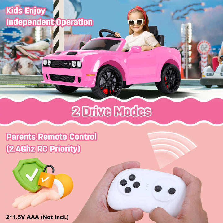 Dodge Challenger SRT Kids Ride on Car, 12 V Battery Powered Electric Vehicle W/ Remote Control,Bluetooth,Led Lights(Pink)