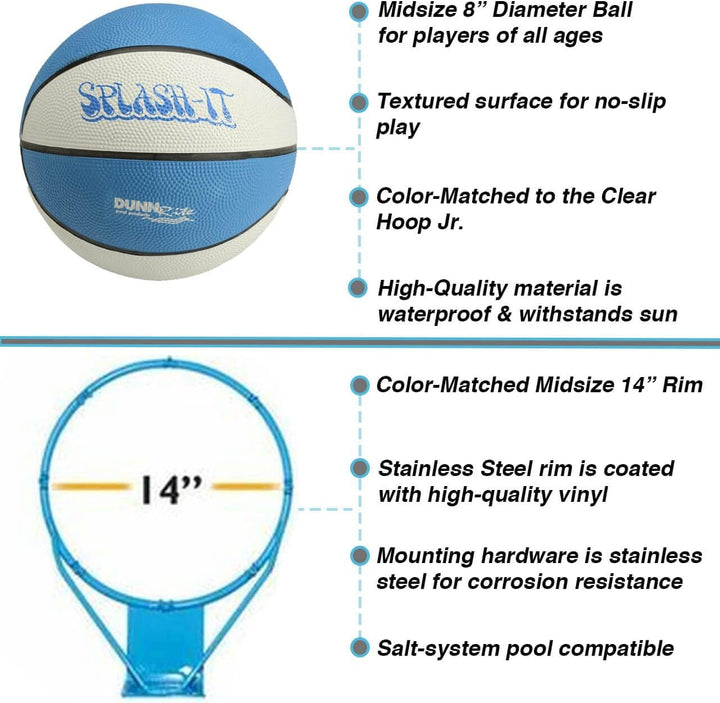 Dunn-Rite Clear Hoop Jr. Deck-Mounted Poolside Basketball Hoop W/Ball, 2 & 3/8" Brass Anchor W/Cap, & 14 Inch Stainless Steel Rim