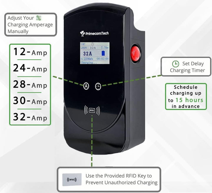 32Amp Smart Electric Vehicle (EV) Wall Charging Station - Level 2 EVSE- 220/240 Volt- 32 Amp Electric Car Charger, Plug-In Station, 30Ft Wall-Charger (6-50P)