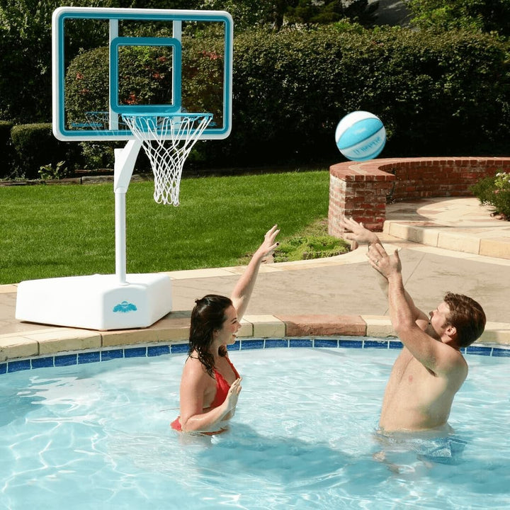 Dunn-Rite Splash & Shoot Outdoor Adjustable Height Swimming Pool Basketball Hoop W/Ball, Base, & 18 Inch Stainless Steel Rim, Made in USA, Clear