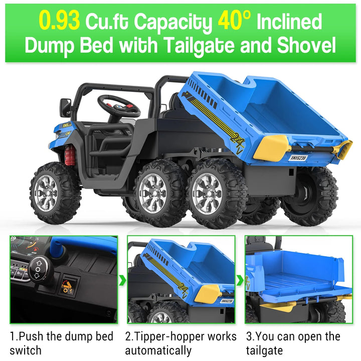 24 Volt 4WD Kids Ride on Dump Truck with Remote Control, 2 Seater Electric Powered 6-Wheel UTV Toys, Ride on Tractor Car W/ Tipping Bucket Trailer, Shovel, Suspension, Bluetooth Music, Blue