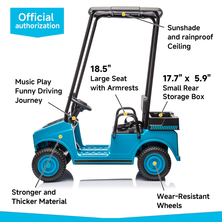 24V Ride on Car, Electric Golf Cart with Ceiling, Ride on Truck with Remote Control, Music, Rear Storage Box, Electric Car for Boys Girls Age 3+, 18.5" Large Seat with Armrests,Blue