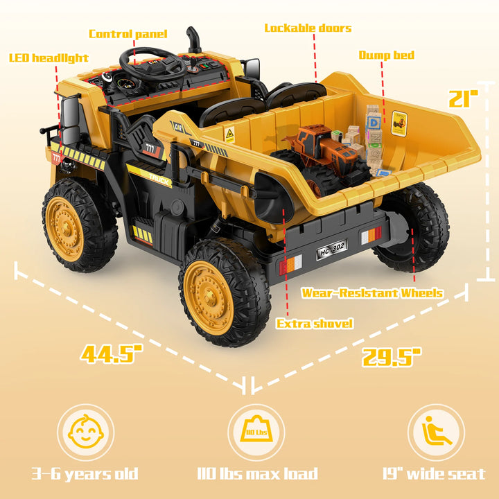 12V Powered Ride on Dump Truck W/ Electric Dump Bed, 19-Inch Wide Seat Ride on Car for Kids-Ochre Yellow