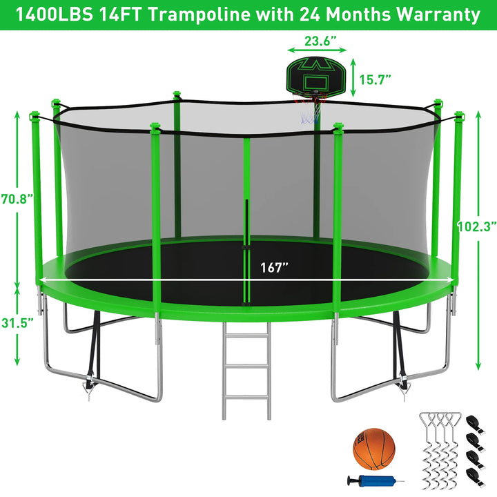 Trampoline 1400LBS 14FT Trampoline for Kids Adults, Trampoline with Basketball Hoop, Enclosure, Ladder and Wind Stakes, Outdoor Heavy Duty Galvanized Recreational Trampoline for Family