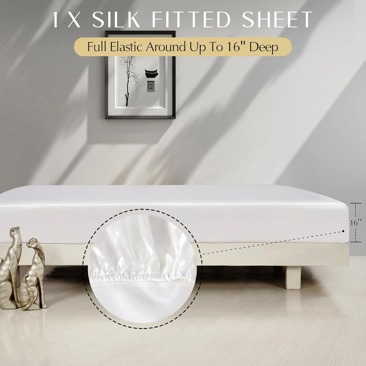 4 Pcs 100% Mulberry Silk Bed Sheet Set,All Side 19 Momme Silk (Queen, White)