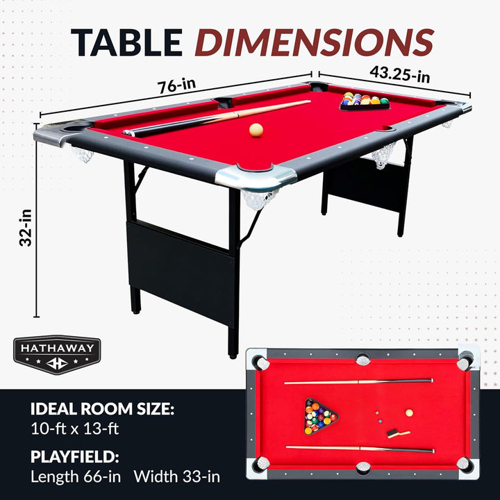 Fairmont 6 Ft Portable Pool Table, Adults Folding Billiards Tables for Game Room with Easy Foldable Storage, Includes Full Set of Billiard Balls, Cues, Chalk & Brush