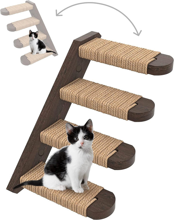 Cat Steps - Solid Rubber Wood Cat Stairs Great for Scratching and Climbing - Easy to Install Wall Mounted Cat Shelves for Playful Cats (Brown)