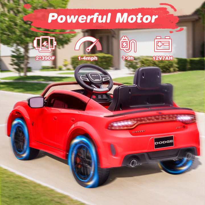 Dodge Electric Ride on Cars for Kids, 12V Licensed Dodge Charger SRT Powered Ride on Toys Cars with Parent Remote Control, Electric Car for Girls 3-5 W/Music Player/Led Headlights/Safety Belt, Red