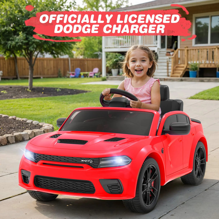 Dodge Electric Ride on Cars for Kids, 12V Licensed Dodge Charger SRT Powered Ride on Toys Cars with Parent Remote Control, Electric Car for Girls 3-5 W/Music Player/Led Headlights/Safety Belt, Red