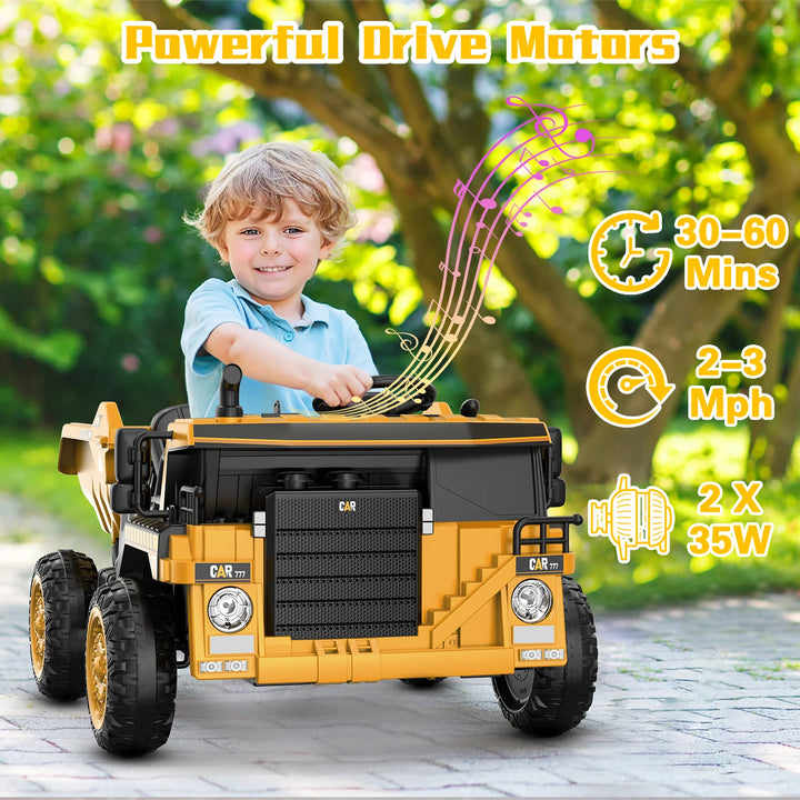 12V Powered Ride on Dump Truck W/ Electric Dump Bed, 19-Inch Wide Seat Ride on Car for Kids-Ochre Yellow