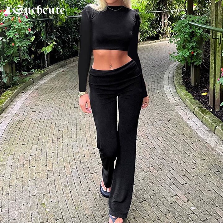 Yoga Casual Minimalist Solid Two Piece Set Skinny Sporty Women'S Long Sleeve Crop Tops +Turndown Waist Pants Trend 2PCS