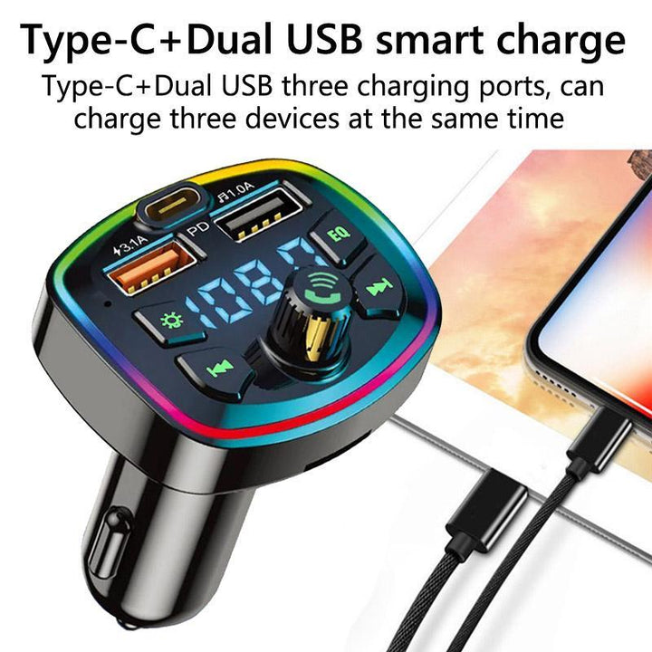 Multifunctional Car FM Transmitter, Hands-Free Car MP3 Player, Wireless Bluetooth-Compatible Car Charger with Type C & Dual USB Ports