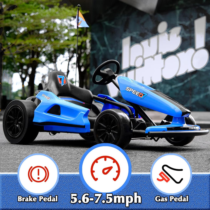 24V 10Ah Electric Go Kart with Drifting Function for Big Kids Age 6+, 2WD Ride on Car with Gas and Brake Pedal, Max Speed 7.5Mph, 135 Lbs Load Capacity - Blue