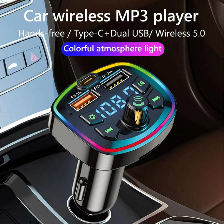 Multifunctional Car FM Transmitter, Hands-Free Car MP3 Player, Wireless Bluetooth-Compatible Car Charger with Type C & Dual USB Ports