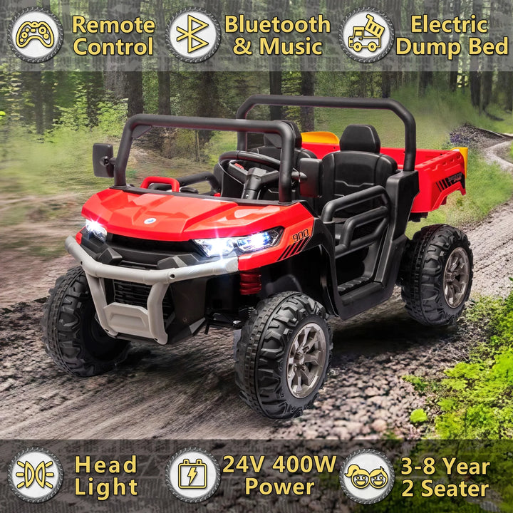 24V 2 Seater Kids Ride on Car Truck, Ride on UTV W/ 2X200W Motor, 24 Volt Ride on Toys W/ Dump Bed/Shovel, Electric Car for Kids W/ Durable Tires, LED Light, Music, Remote Control, Red