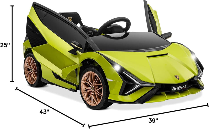 Kids 12V Electric Ride on Licensed Lamborghini Sian Roadster Motorized Toy Car with Remote Control, Wheels Suspension, LED Lights & Music – Green with Gold Rim