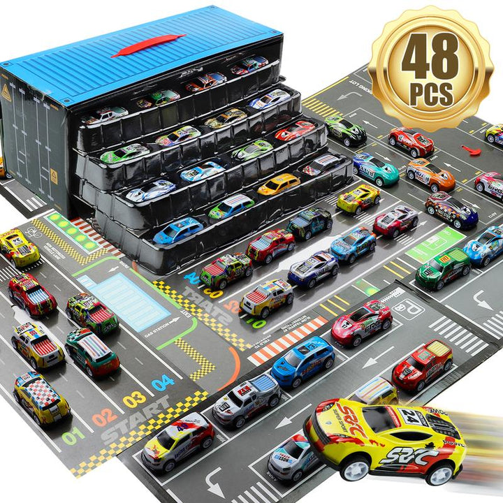 48-Piece Pull Back Car Toy Set with Garage Box – Race Car Collection for Kids – Toys for Boys and Girls