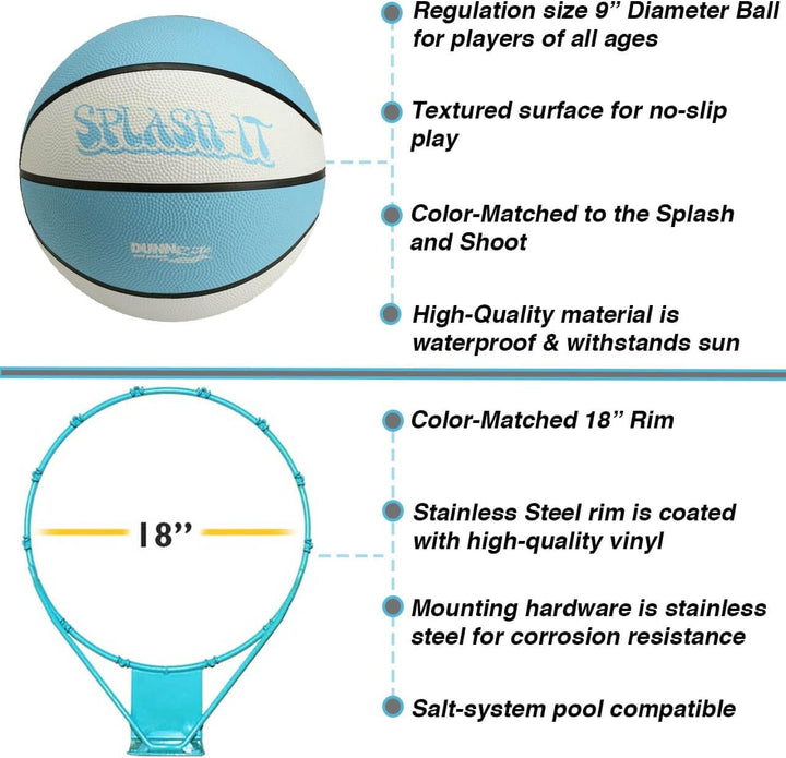 Dunn-Rite Splash & Shoot Outdoor Adjustable Height Swimming Pool Basketball Hoop W/Ball, Base, & 18 Inch Stainless Steel Rim, Made in USA, Clear