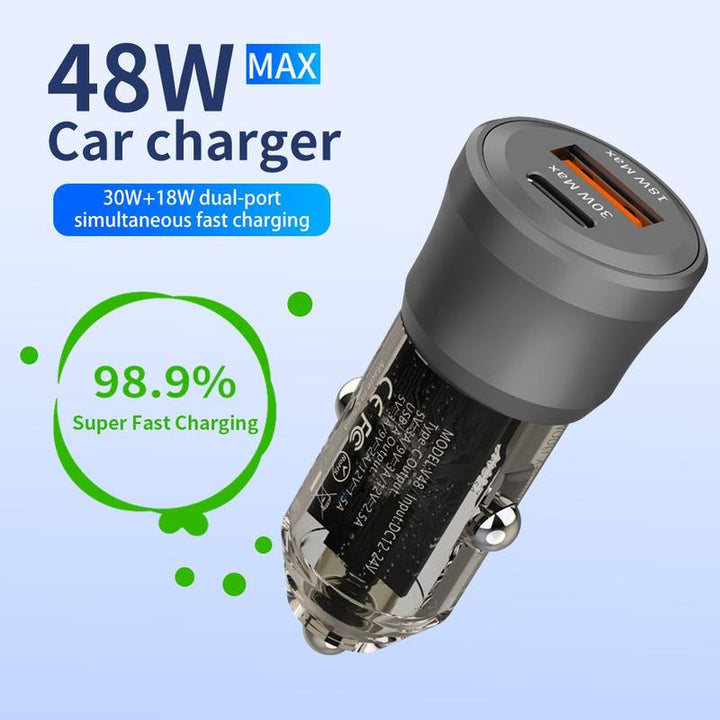 Car Charger, 1 Count PD 30W Type-C & USB 18W Car Charger, Dual Port Fast Charging Car Charger for Iphone