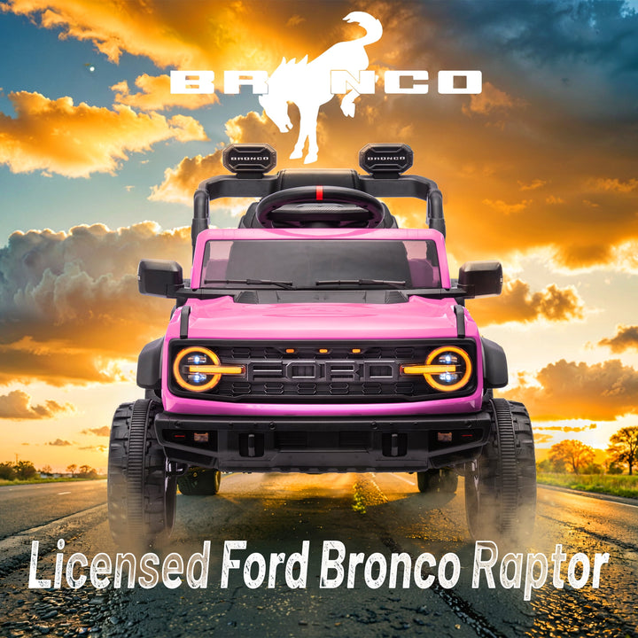 Ford Bronco Raptor 12V Powered Ride on Truck Toys, Kids Electric Car with Remote with Remote Control, Bluetooth, LED Light, Spring Suspension, 3 Speeds, 4 Wheelers, Pink