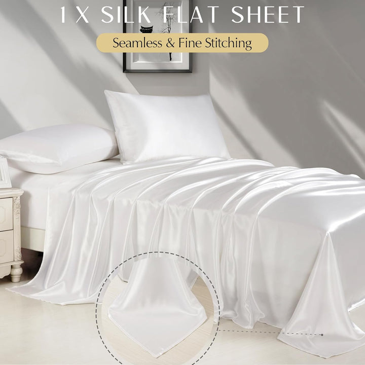 4 Pcs 100% Mulberry Silk Bed Sheet Set,All Side 19 Momme Silk (Queen, White)