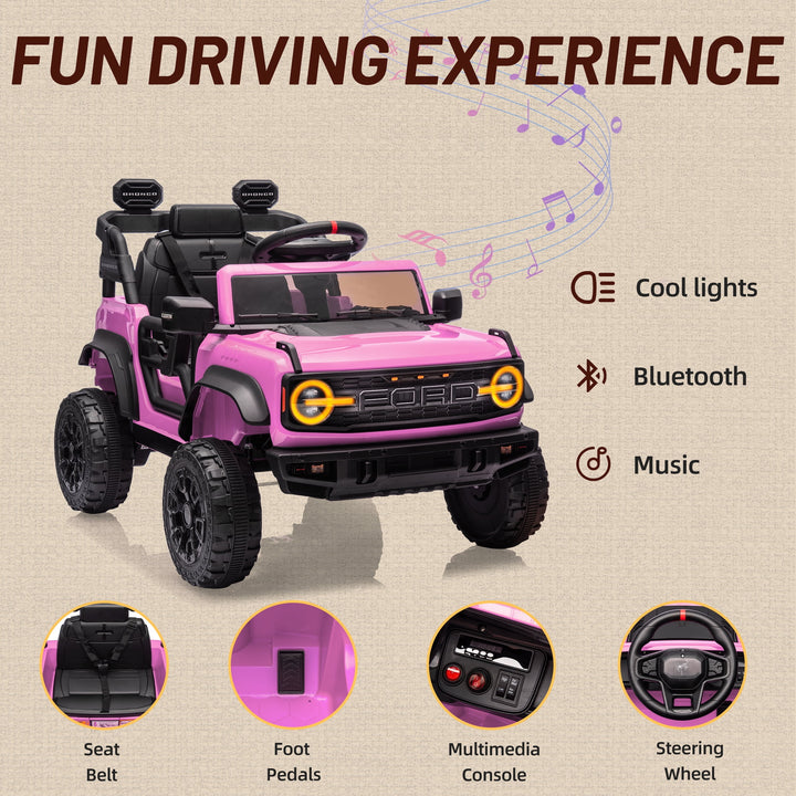 Ford Bronco Raptor 12V Powered Ride on Truck Toys, Kids Electric Car with Remote with Remote Control, Bluetooth, LED Light, Spring Suspension, 3 Speeds, 4 Wheelers, Pink