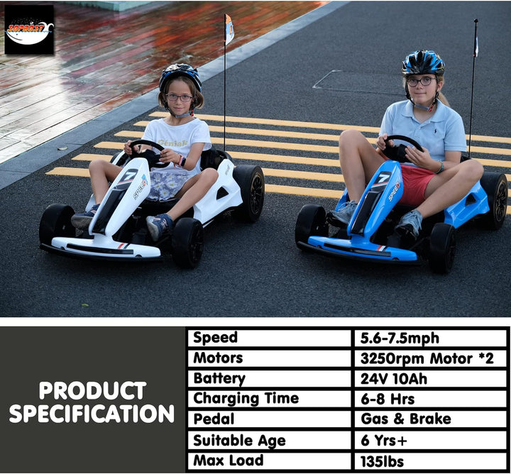 24V 10Ah Electric Go Kart with Drifting Function for Big Kids Age 6+, 2WD Ride on Car with Gas and Brake Pedal, Max Speed 7.5Mph, 135 Lbs Load Capacity - Blue