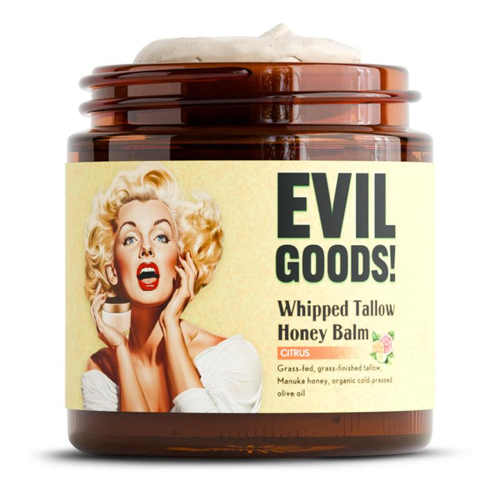 EVIL GOODS Whipped Beef Tallow and Manuka Honey Balm, 4Oz, Organic Face Cream, Moisturizer, Body Lotion, Skin Care and Lip Balm