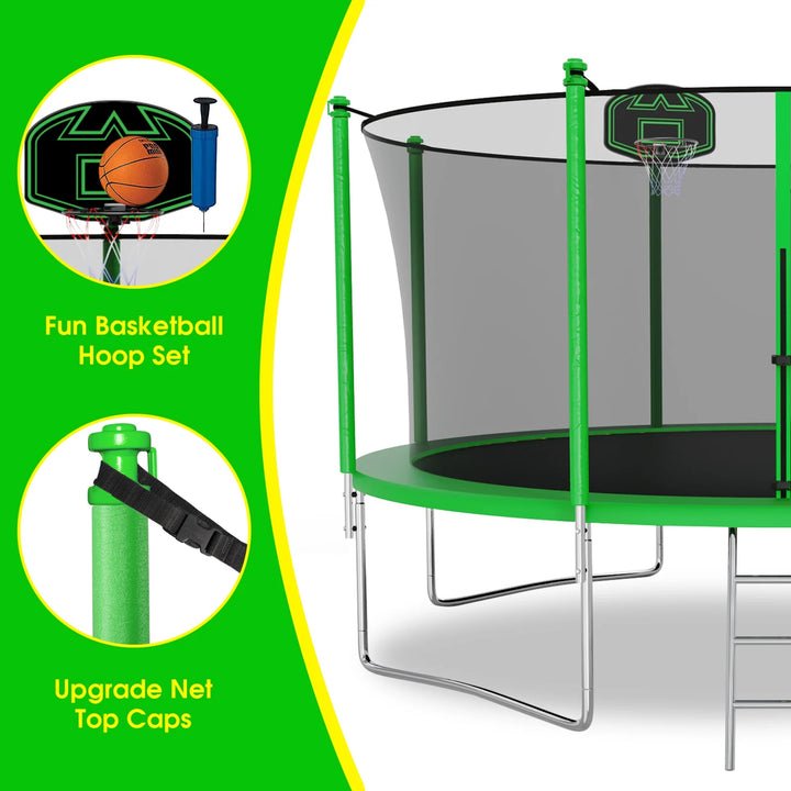 Trampoline 1400LBS 14FT Trampoline for Kids Adults, Trampoline with Basketball Hoop, Enclosure, Ladder and Wind Stakes, Outdoor Heavy Duty Galvanized Recreational Trampoline for Family