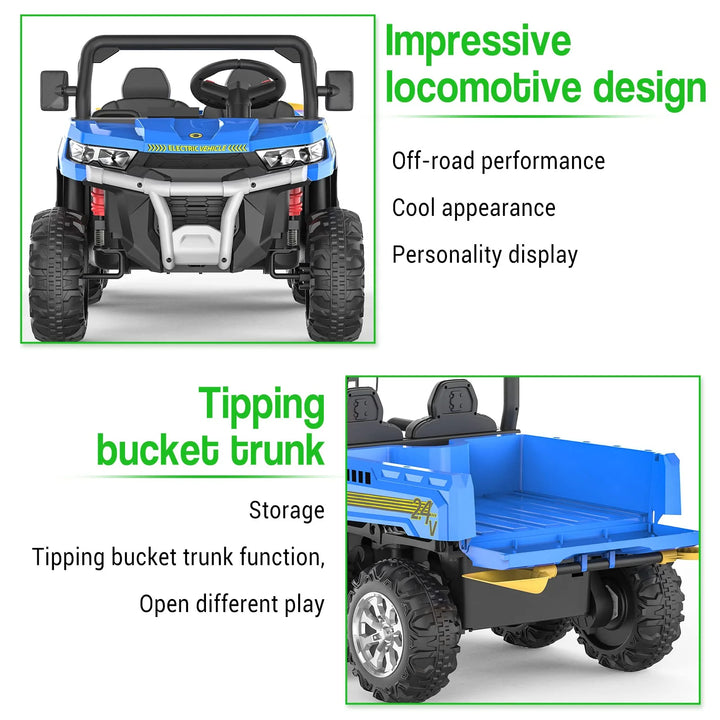 24 Volt 4WD Kids Ride on Dump Truck with Remote Control, 2 Seater Electric Powered 6-Wheel UTV Toys, Ride on Tractor Car W/ Tipping Bucket Trailer, Shovel, Suspension, Bluetooth Music, Blue